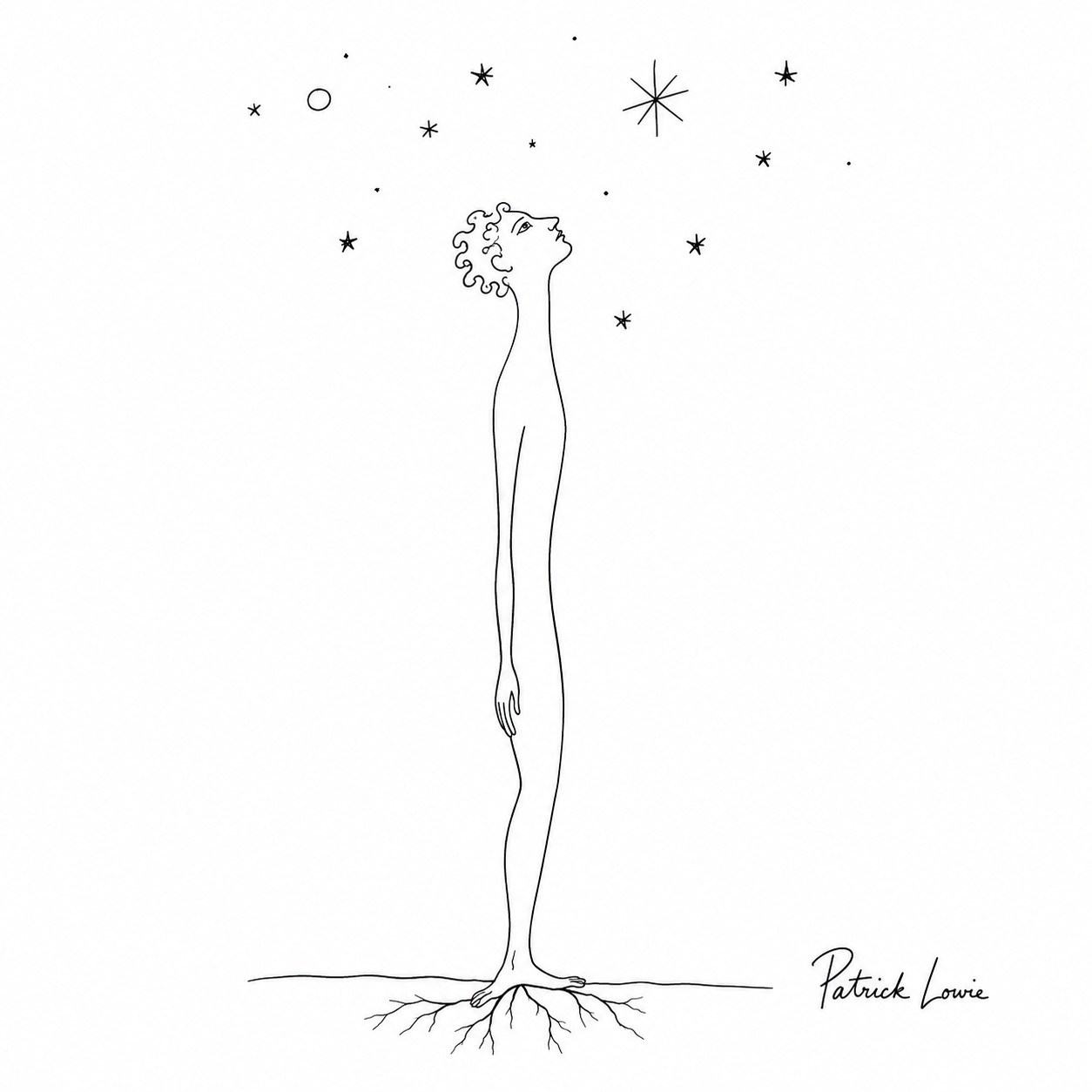 Dessin de Patrick Lowie, personnage enraciné regardant les étoiles